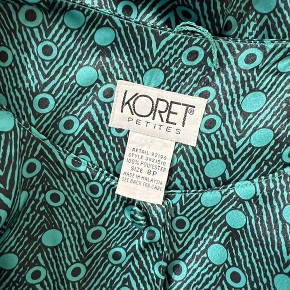 Koret Vintage 80s Button Up Blouse Teal Black Funky Pattern Fabric Buttons 8P - Picture 8 of 8